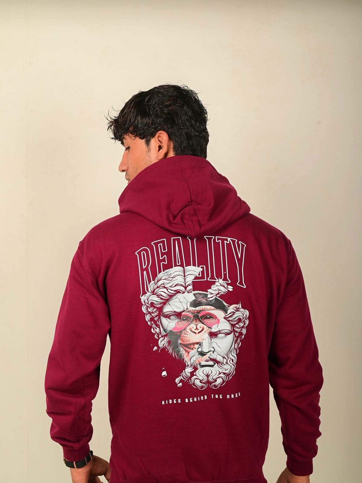 Graphic Maroon Hoodie – “Hides Behind The Mask”